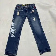 【Y2K古着】デニム M インディゴ ダメージ 刺繍 ペイント ワッペン 90s
