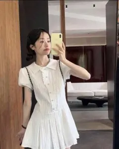 ホワイト 半袖ミニワンピース Lサイズ