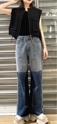 ジーナシス　パッチワークフレアデニムパンツブルー系その他　ジーンズ　S