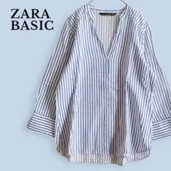 ✦連休セール✦ 美品 ZARA BASIC 白青 ストライプ 長袖シャツ L 麻