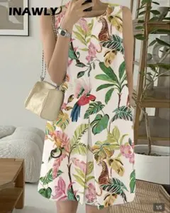INAWWLY フラワープリントワンピース　シーイン
