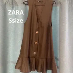 ZARA ザラ フェイクレザー 裾フリルワンピース カーキ