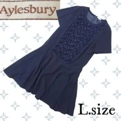 m75〚Aylesbury〛ネイビー 胸レース装飾半袖 ワンピース Lサイズ