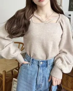 ホルタースクエアネックボリュームスリーブもちもちニットプルオーバー モカ