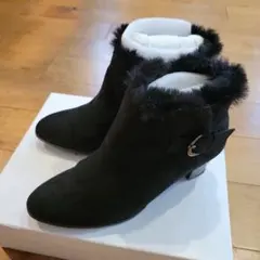 cava cava ブラックスエードファーブーツ 中ヒール