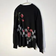 美品 花柄 薔薇 ニット M ブラック 上品 きれいめ 薄手 レトロ