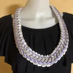 ハンドメイド　リボンレイ　白　チェック　フラダンス　パラカ　ハワイアンレイ　レイ