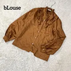 高島屋　長袖シャツ　【M】　ブラウン　光沢感　ハイネック　フリルネック　2879