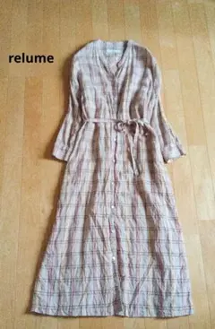 relume　チェック柄ロングシャツワンピース　M　ウエストリボン　ベージュ