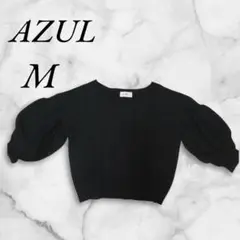 アズール　ショート丈ニット　クロップドニット　パフスリーブ　M　ブラック