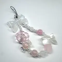 ピンク ビーズキーホルダー ビーズストラップ 透明 キラキラ