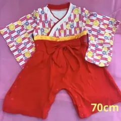 赤いリボン付き花柄着物風ドレス　袴風ロンパース