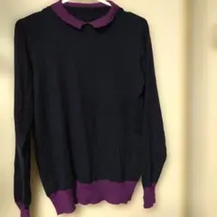 ネイビーとパープルの襟付きニットセーターL