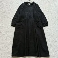 藍紬 久留米織 ロングワンピース Ｍ〜Ｌ 日本製 リボン ウォッシャブ フリル