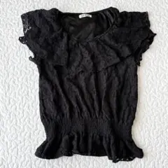クレドソル レースブラウス フリル 半袖 黒レース L きれいめ 上品のサムネイル