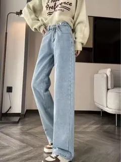 レディース冬用暖かい裏地付き ワイドレッグジーンズパンツ ストレートレッグデニム