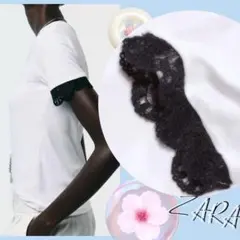 ZARA ブラックレーススリーブストレッチTシャツ L ブラックホワイト