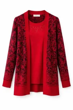 赤い花柄カーディガン・アンサンブル