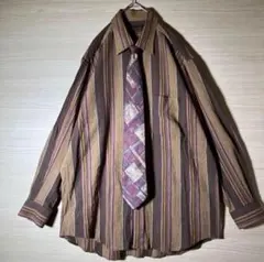 ヴィンテージ【ネクタイシャツ】 長袖 L ストライプ リネン混み お洒落 古着