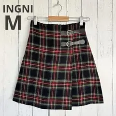 【イング】チェック柄 ミニスカート ベルト クリスマス 冬 ブラック×レッド M