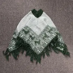 90’s ノルディック柄 ニットポンチョ 鹿 フリンジ グリーン 古着女子 個性