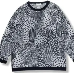 シルク混 総柄 ニット モノトーン レトロ モード XL
