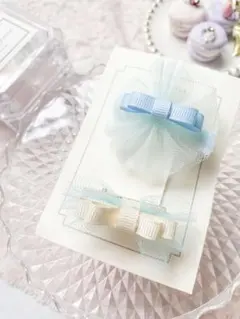 【爽やか上品♡】入園入学・発表会にキッズヘアクリップ2点セットナチュラルブルー