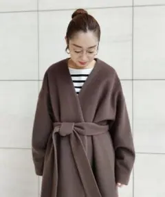 シャギーロングコート　ブラウン　デミルクスビームス　ノーカラー　ウール　36