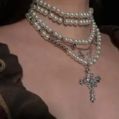 【在庫処分】全新品3層レイヤードネックレス花十字架パールゴシックゴスロリ暗黒系