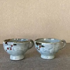 陶芸　陶器　コーヒーカップ　2客セット　輪花　手作り　ハンドメイド　赤絵　灰釉