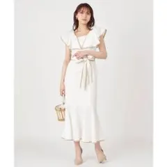 ROYAL PARTY バイカラーパイピングラッフルスリーブワンピース ホワイト