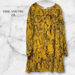 レア‼️TIME AND TRU【3XL】 ヘビ柄長袖ワンピース 黄色 ブラウン