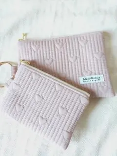 GW SALE ハンドメイド☆ポリエステルハート刺繍ヌビポーチセット ピンク