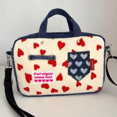 かわいい持ち手付きバッグ　ハートニット　ショルダーバッグ　デニムリメイクバッグ