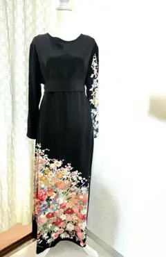 【239】着物リメイク　大きいサイズ　フレア　ロング　ワンピース　黒留袖　友禅