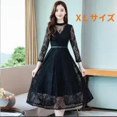 膝丈ワンピース Aライン XＬ 黒 レース 結婚式 お呼ばれ パーティー 可愛い
