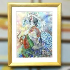 吉祥日本画「吉祥童子と幼龍 鉄扇の契り」 幸福の童子・幸運の龍の