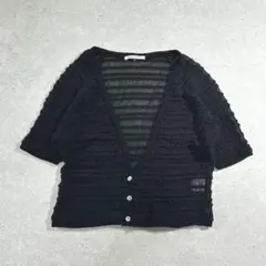 マーキュリーデュオ〔F〕立体的 透かし編み 5分袖 カーディガン Ｖネック 黒色のサムネイル