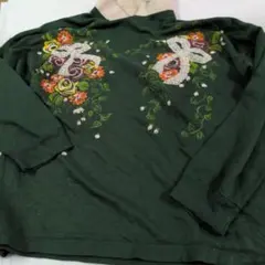 #6.特大花柄刺繍 ハイネック長袖Tシャツ 緑色