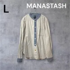 MANASTASH アイボリー L 青 ストライプ ノーカラーシャツ カジュアルのサムネイル