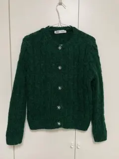 ZARA ニットカーディガン グリーン ビジューボタン
