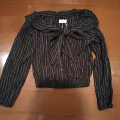 dazzlin 黒・白ストライプ リボン付き長袖シャツ