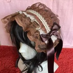 【ブラウン×オフホワイト】ハーフボンネット風ヘッドドレス【手作り】