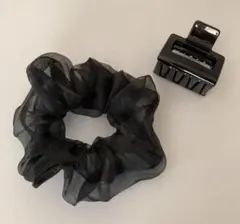 ☆セット割引☆スクエアーブラックバレッタ オーガンジー黒しゅしゅ（2点セット）