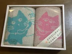 【未使用】猫柄 フェイスタオル 2枚セット 綿100% ギフト 箱入り