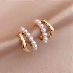 【ラスト1点】パールカフフープピアス　サージカルステンレス　２連　ブライダル