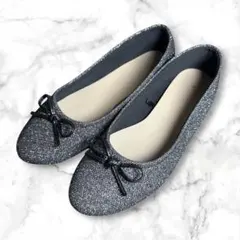 極美品✨超軽量‼️グレー系リボン付き グリッター生地 フラットシューズ パンプス