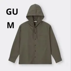 美品 GU メンズ M オリーブ フーディーシャツ フード付き シャツ