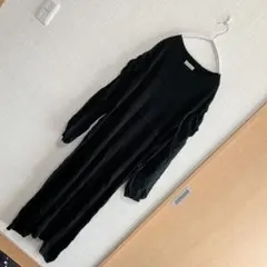 美品✨ humpy ボリュームスリーブ ニットロングワンピース 黒 異素材コンビ