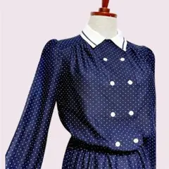 vintageヴィンテージワンピースドット柄ネイビー紺系ゴムレトロUSA海外古着